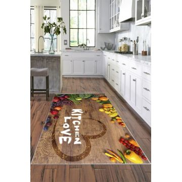 Covor pentru bucatarie, model maro cu mesaj Kitchen Love