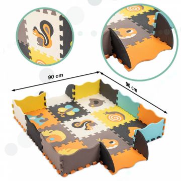 Covor tip puzzle pentru copii, Ikonka, din spuma EVA flexibila, cu 25 piese in husa cu fermoar, dimensiune 114 x 1 x 114 cm, Cute Animals