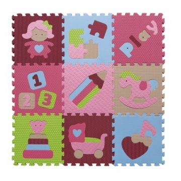 Covoras Puzzle Jucarii vesele roz 92x92 cm Babygreat