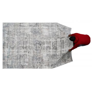 Covor tesut manual din vascoza si bumbac, imprimare manuala, Flow FL-74 Gri / Turcoaz