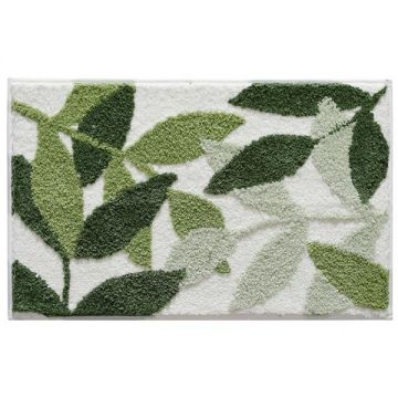 Covoras de baie, mediu, absorbant, antiderapant, design cu frunze verzi diferite nuante, 50x80 cm, Verde
