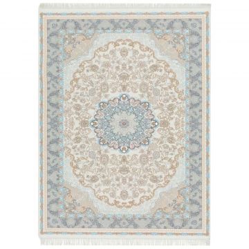 120x180 cm Covor Persan, 70% Polipropilenă și 30% Polyester, Design Traditional, Crem/Bleu, Densitate 3000 gr/m2