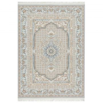 120x180 cm Covor Persan Isfahan, 70% Polipropilenă și 30% Polyester, Model Clasic, Gri, Densitate 3000 gr/m2