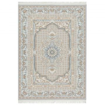 120x180 cm Covor Persan Isfahan, 70% Polipropilenă și 30% Polyester, Model Clasic, Gri, Densitate 3000 gr/m2
