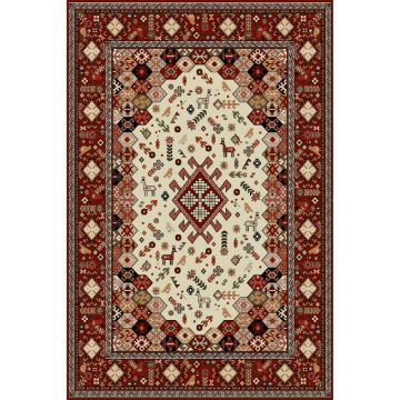 Covor modern Lotus 1535/210, polipropilena heat-set, model floral bej-visiniu, 80 x 150 cm