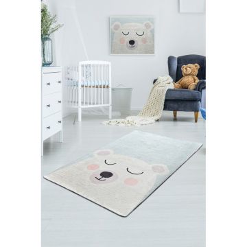 Covor antiderapant pentru copii Conceptum Hypnose Baby Bear, 100 x 160 cm, alb - albastru