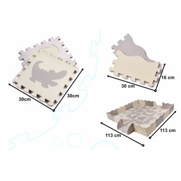 Covor puzzle pentru copii, Ikonka, cu forme detasabile 3D, impermeabil din spuma EVA, amortizeaza caderile, cu 36 piese, dimesiune 143 x 143 cm, GriEcru
