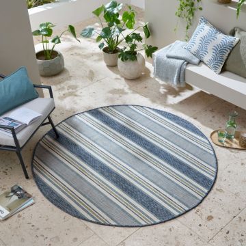 Covor rotund Roma Stripe Outdoor Albastru 160x160 cm, Flair Rugs ieftin