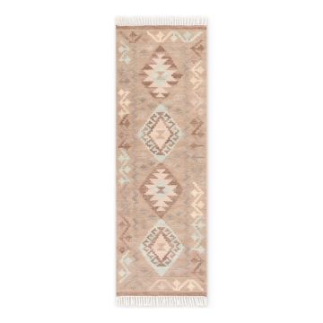 Covor tip traversă albastru deschis-bej reversibil, țesut manual din lână 60x190 cm Kamal Dune – Nouristan