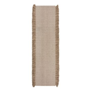 Covor tip traversă bej țesut manual din amestesc de lână 60x230 cm Rene Fringed Ribbed – Flair Rugs