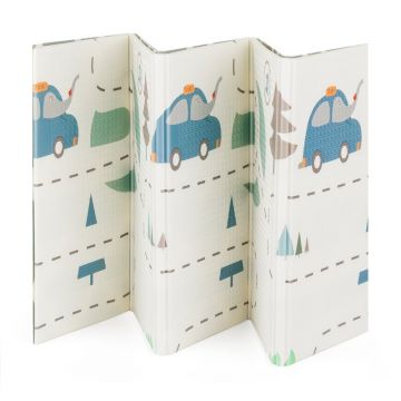 Covoras de joaca PetiteMars, reversibil, include geanta pentru transport, pliabil si impermeabil, non-toxic, 197x147x1 cm, Campy Cars, 0 luni+, Multicolor