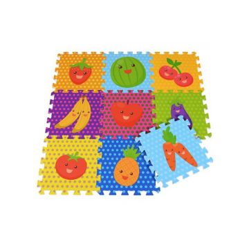 Covoras puzzle colorat Knorr Toys Fructe 9 piese, 30x30x1 cm, din spuma moale Eva, izolator si antiderapant, 10 luni+