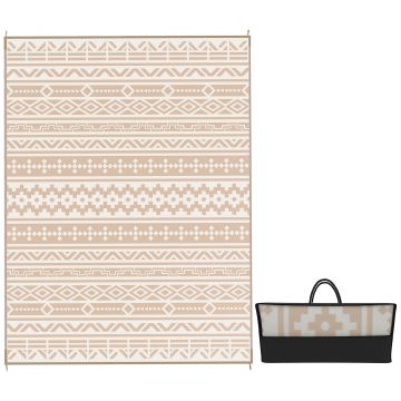 Outsunny Covor Exterior Reversibil 3,7 x 2,7 m, covor de pardoseală model perete geometric din PP geantă de transport kaki și bej deschis | Aosom Romania
