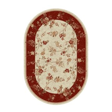 Covor Oval, 100 x 200 cm, Crem / Rosu, Model Flori Lotos
