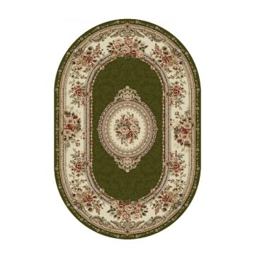 Covor Oval, 100 x 200 cm, Verde / Crem, Model Floral Lotos