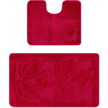 Set 2 Covorase pentru Baie, Burgundy, 60 x 100 cm, 50 x 60 cm, Antiderapante, Flora 2577