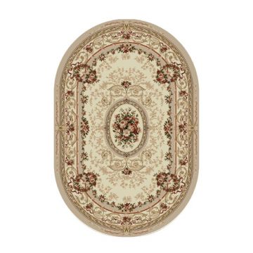 Covor Oval, 100 x 200 cm, Crem / Bej, Model Floral Lotos