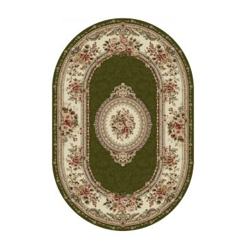 Covor Oval, 80 x 150 cm, Verde / Crem, Model Floral Lotos