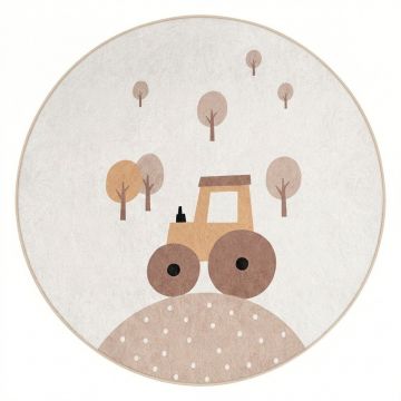 Covor pentru copii bej lavabil ø150 cm Tractor World – Mila Home