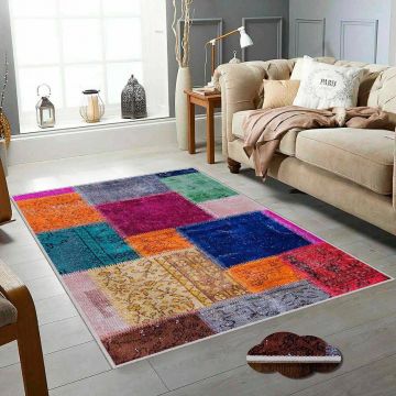 Covor, Hmfesto72 Kece, 160x230 cm, Bumbac, Roz / Portocaliu / Verde / Crem / Albastru marin