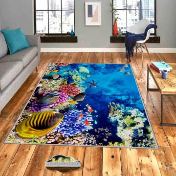 Covor, Wookece663, 100x300 cm, Poliester, Albastru / Coral / Galben / Roșu