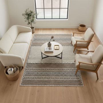 Covor, Woosonıl133, 140x220 cm, Bumbac, Bej / Maro / Negru