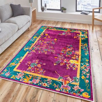Covor, Woosonıl139, 80x300 cm, Bumbac, Fuchsia / Galben / Verde / Portocaliu