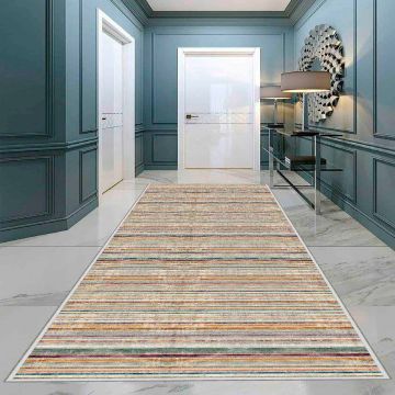 Covor, Wooylk0019, 80x350 cm, Poliester, Alb / Portocaliu / Verde / Galben / Albastru