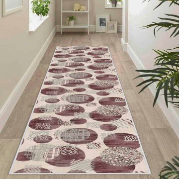 Covor, Wooylk0027, 80x350 cm, Poliester, Crem / Gri / Roșu Claret
