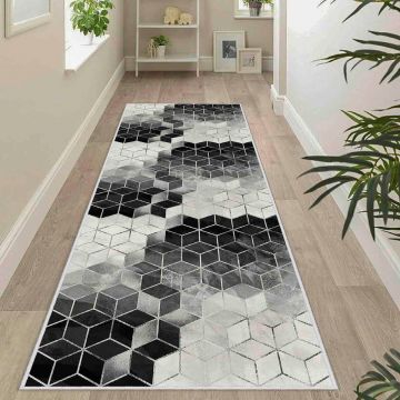 Covor, Wooylk0076, 80x200 cm, Poliester, Alb / Gri / Negru