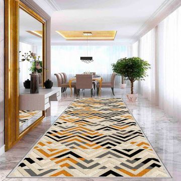 Covor, Wooylk0087, 100x200 cm, Poliester, Crem / Portocaliu / Verde / Negru