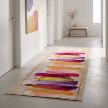 Covor, Wooylk0099, 80x400 cm, Poliester, Crem / Portocaliu / Galben / Fuchsia