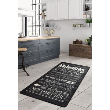 Covor de Bucatarie Kitchen Rules, Lavabil, Antiderepant, Negru, 80x150 cm - Negru / 80 x 150