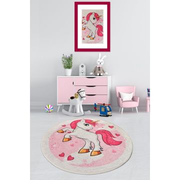Covor de Copii Rotund Poni, Roz, 140x140 cm - Roz / 140 x 140