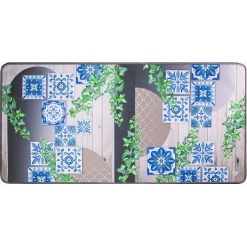 Covor pentru bucatarie, Olivo Tappeti, Miami 3, Blue Flowers, 55 x 230 cm, poliester, multicolor