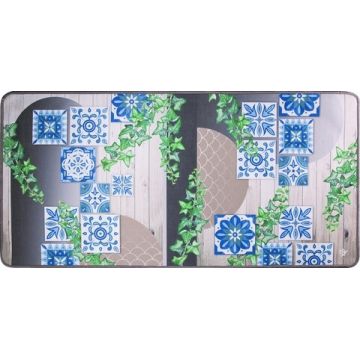 Covor pentru bucatarie, Olivo Tappeti, Miami 3, Blue Flowers, 55 x 230 cm, poliester, multicolor