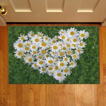 Covoras de intrare Heart of flowers, Casberg, 38x58 cm, poliester, verde/alb