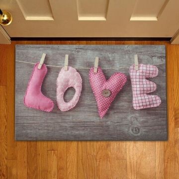 Covoras de intrare Love Pink, Casberg, 38x58 cm, poliester, gri/roz