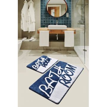 Set 2 covorase de baie Bathroom, Chilai, 50x60 cm/60x100 cm, albastru