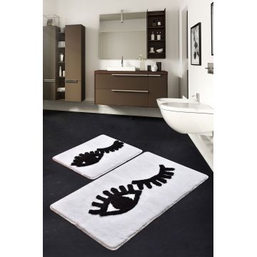 Set 2 covorase de baie Big Eyes, Chilai, 50x60 cm/60x100 cm, alb/negru