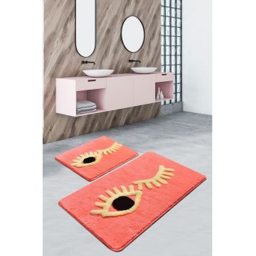 Set 2 covorase de baie Big Eyes, Chilai, 50x60 cm/60x100 cm, coral