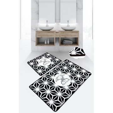 Set 2 covorase de baie Black Glow, Beverly Hills Polo Club, 60x100 cm/50x60 cm, catifea, negru