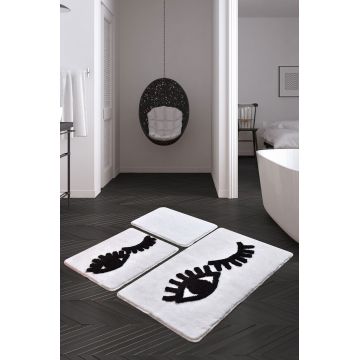 Set 3 covorase de baie Big Eyes, Chilai, 40x60 cm/50x60 cm/60x100 cm, alb/negru