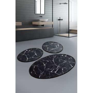 Set 3 covorase de baie Marble, Chilai, 50x60 cm/60x100 cm, negru