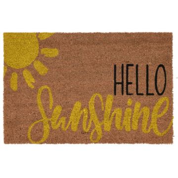 Covoras de intrare Hello Sunshine, 39x59 cm, fibra de cocos, maro/galben
