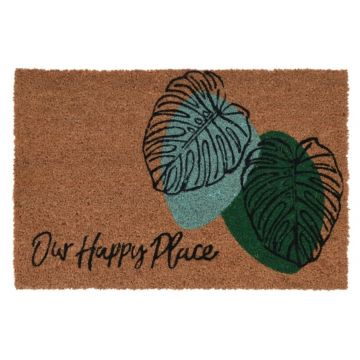 Covoras de intrare Our Happy Place, 39x59 cm, fibra de cocos, maro/verde