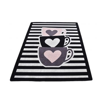 Covor bucatarie Cups Heart DJT, 80 x 120 cm, Negru-Crem