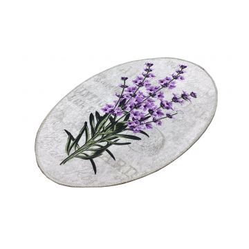 Covorase baie Lavender, Oval, 80 x 100 cm, Antiderapant, Alb-Mov