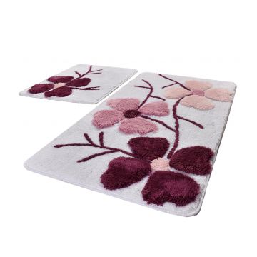 Set 2 covoare baie Flori, 60x100 cm, 50x60 cm, Antiderapant, Roz-Rosu