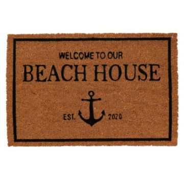 Covoras de intrare Beach house w anchor, 39x59 cm, fibra de cocos, maro